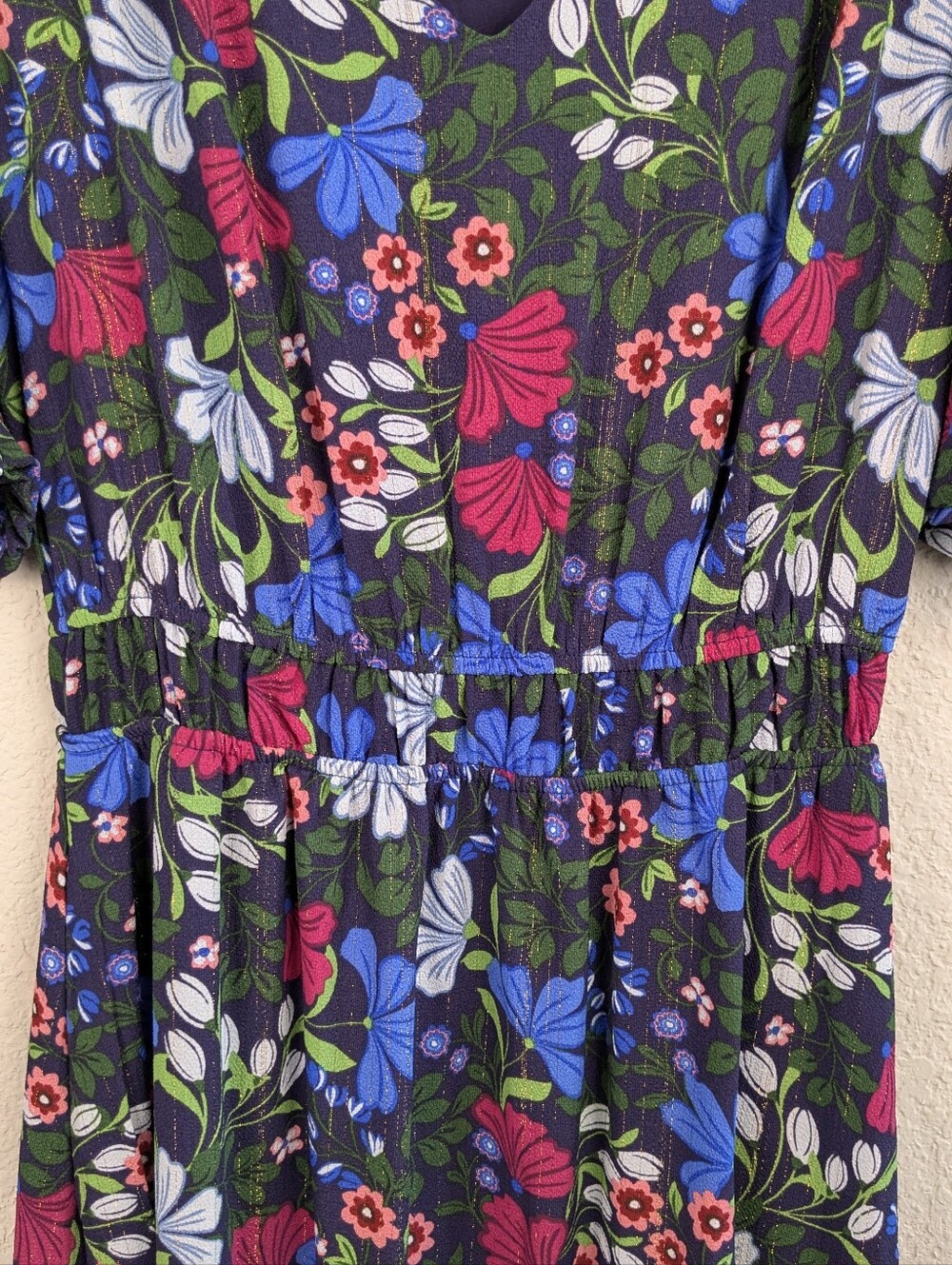 Draper James XS Midi Dress Navy Pink Floral Metallic Lined Like New Garden Chic - Picture 3 of 9